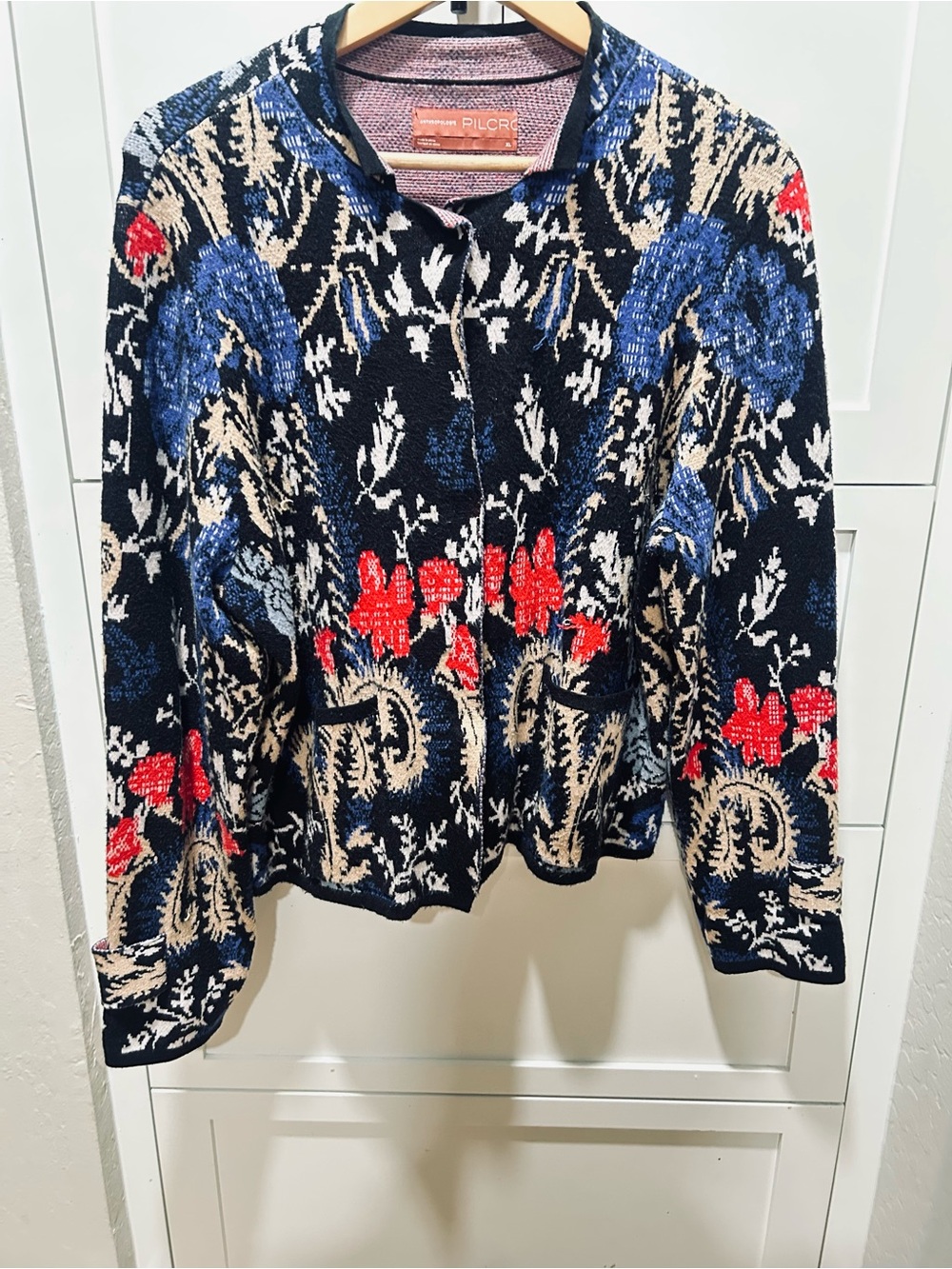 Anthropologie Floral Jacquard Cardigan in Navy, Red & Cream with Blue Accents - Picture 10 of 10
